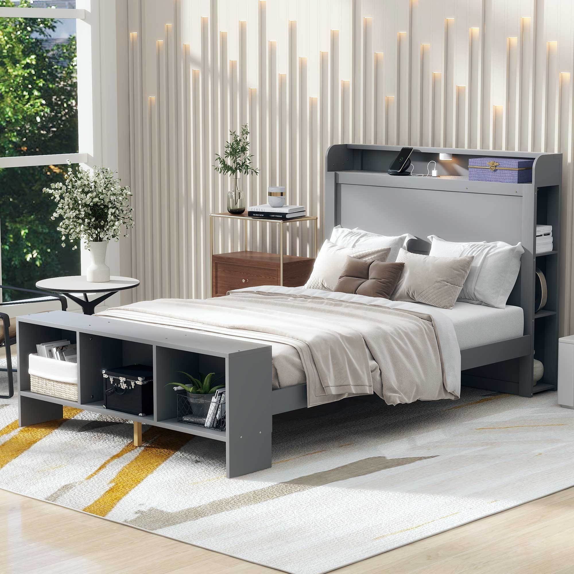 Full Size Platform Bed with built-in shelves, LED Light and USB ports, Gray - Atlantic Fine Furniture Melbourne FL