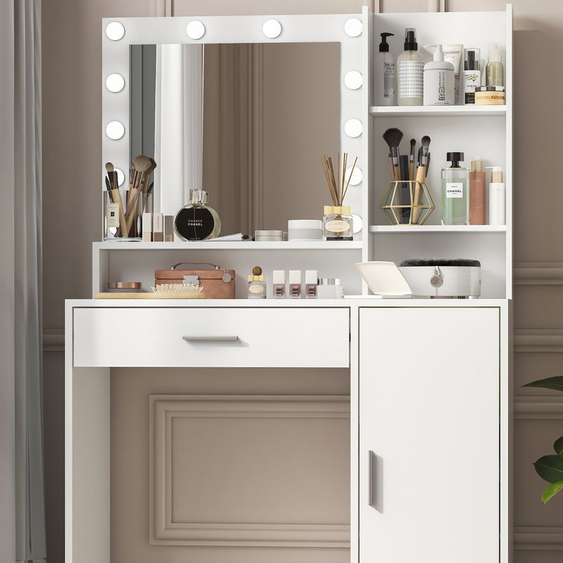 Vanity Desk With Mirror & Light, Large Drawer Three Level Storage Dresser, 3 Lighting Modes Adjustable Brightness, Bedroom Dressing Table