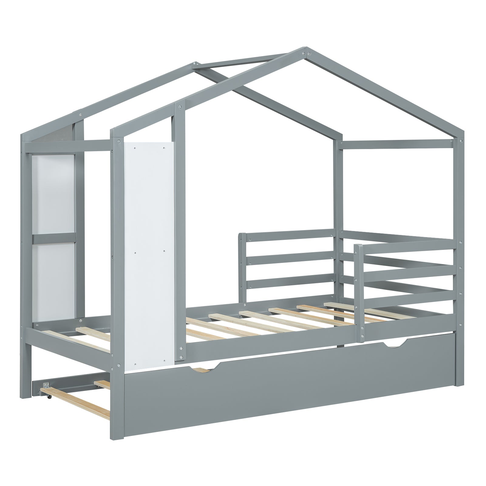 Twin Size Wood House Bed with Fence and Writing Board, Gray - Atlantic Fine Furniture Melbourne FL