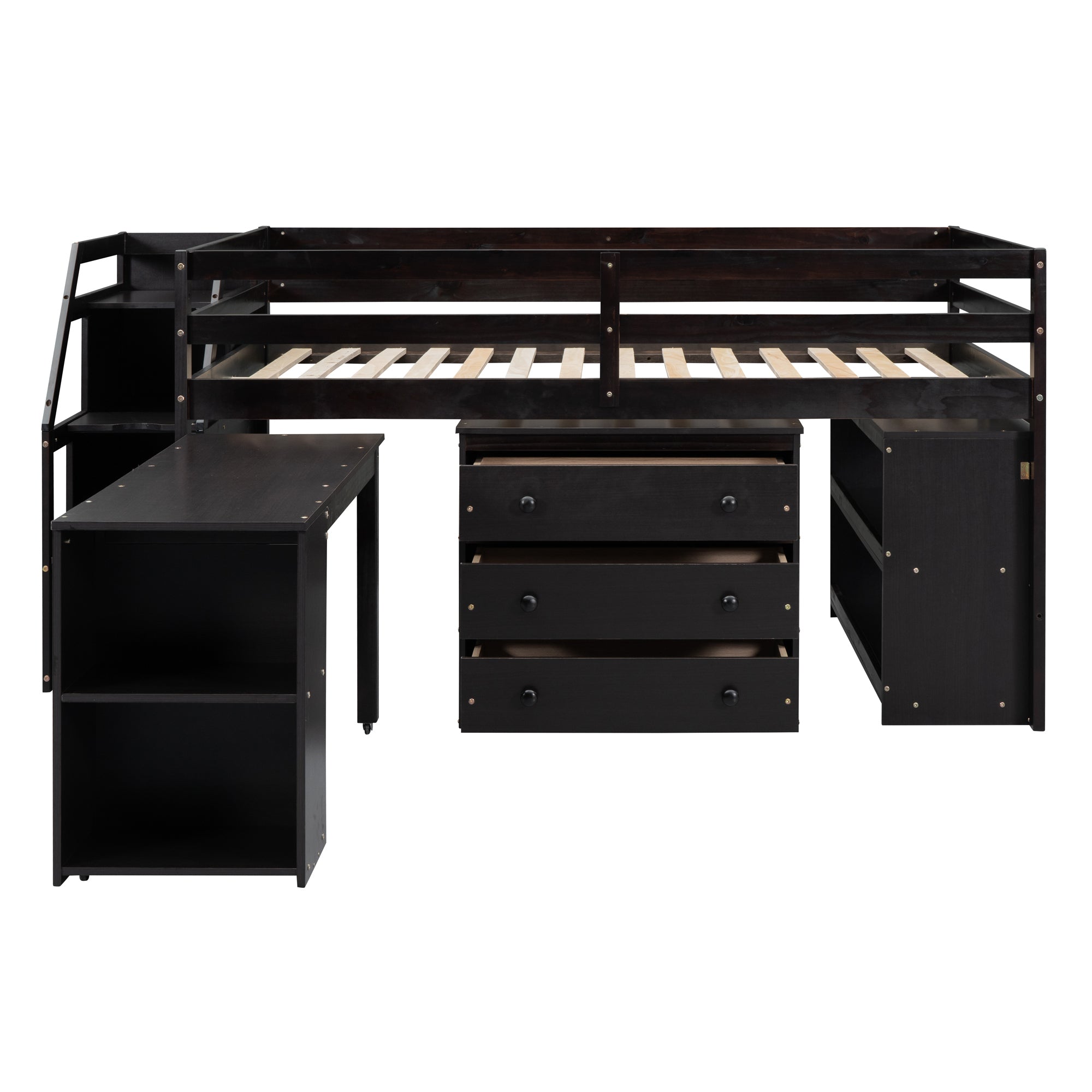 Full Size Loft Bed with Retractable Writing Desk and 3 Drawers, Wooden Loft Bed with Storage Stairs and Shelves, Espresso - Atlantic Fine Furniture Melbourne FL