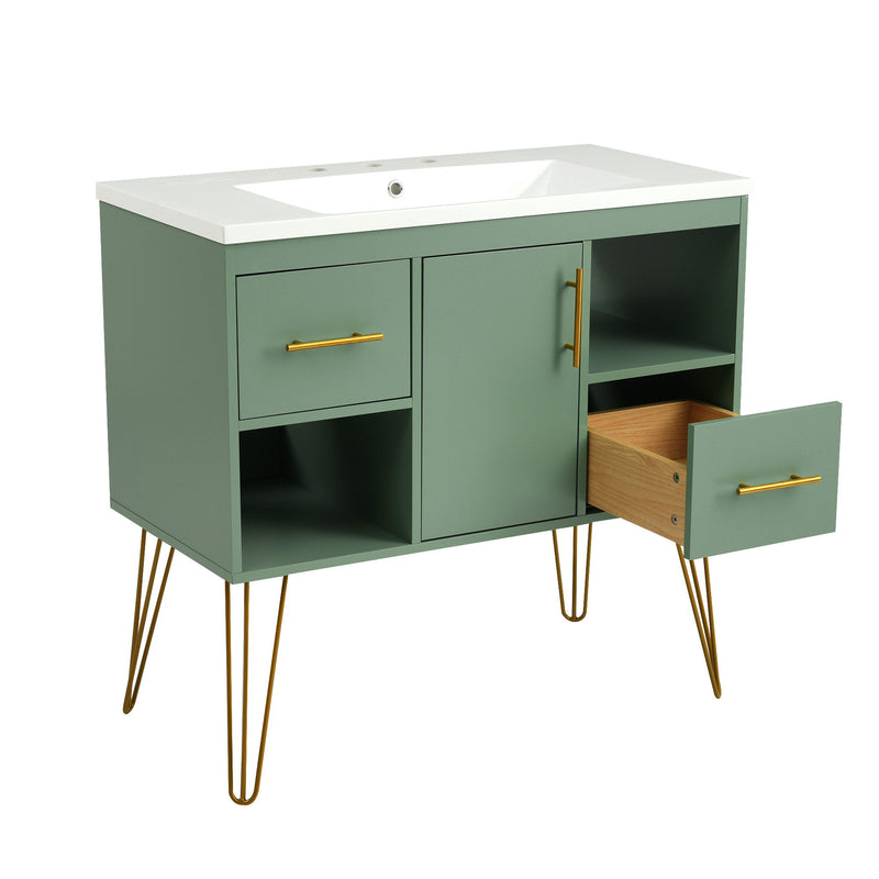 Bathroom Vanity With Resin Sink Combo Set, Modern Freestanding Single Bathroom Cabinet With 2 Drawers & 2 Storage Compartments, Storage Cabinet For Bathroom, Frame Vanity Set - Green