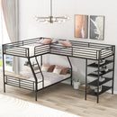 L-Shaped Twin Over Full Bunk Bed And Twin Loft Bed With 4 Built In Shelves - Black