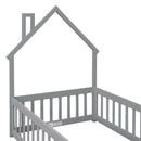 Twin House-Shaped Headboard Floor Bed with Fence,Grey