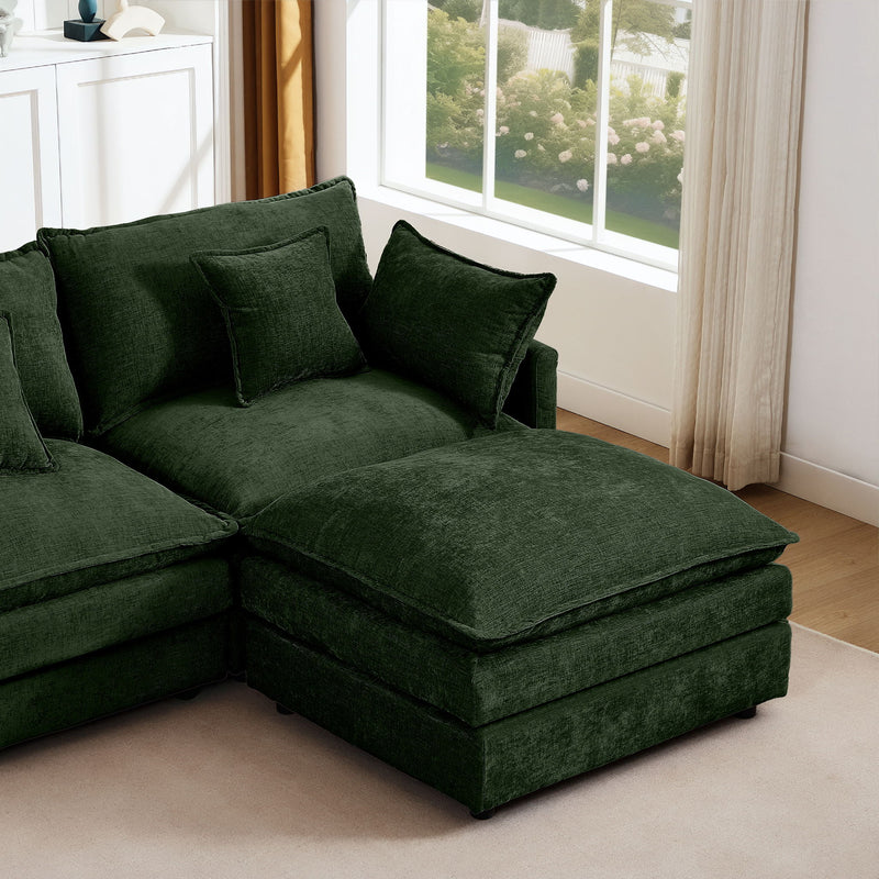 Modular Sectional Sofa 3 Seater L-Shaped Couch Set With Movable Ottoman - Green