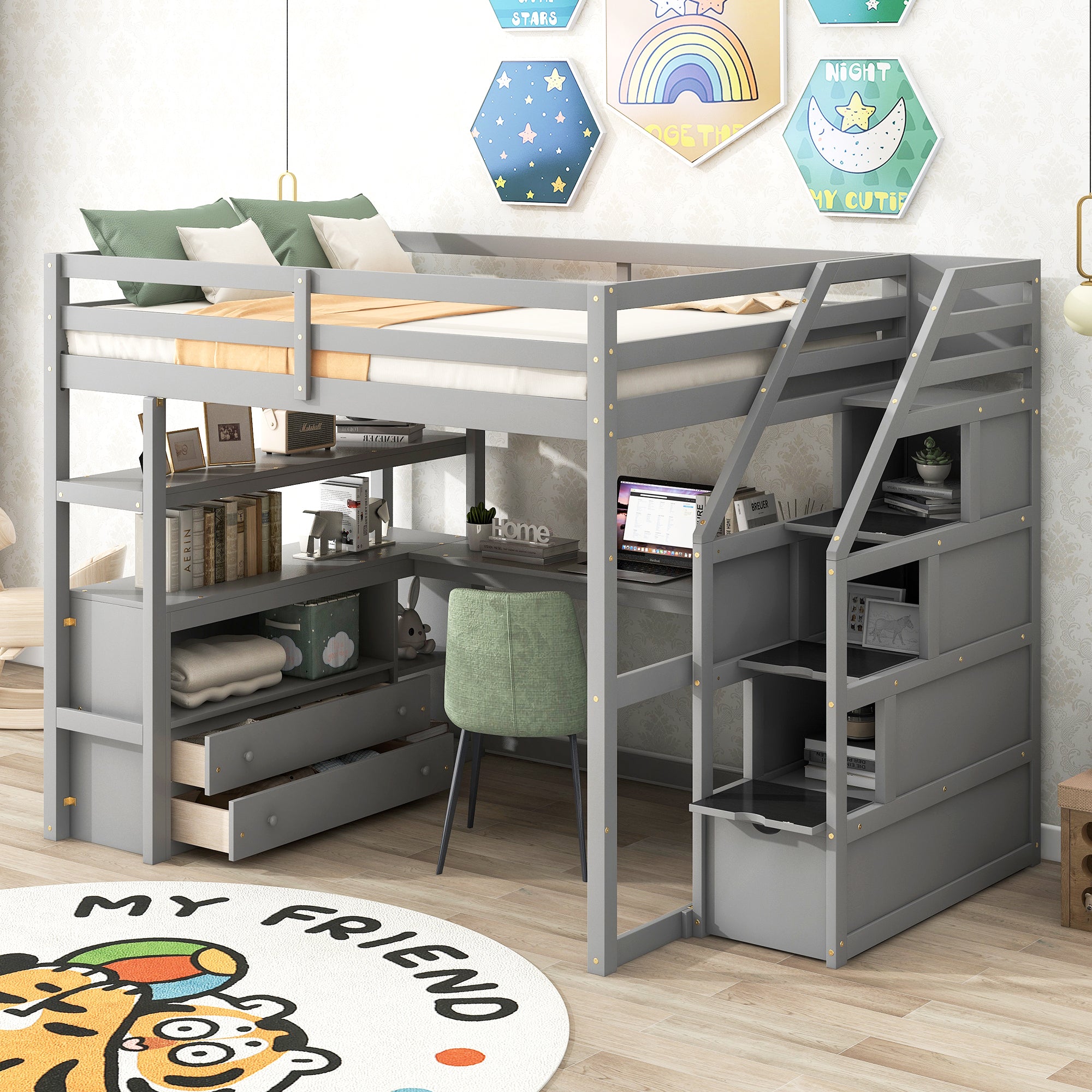 Full Size Loft Bed with Desk and Shelves, Two Built-in Drawers, Storage Staircase, Gray - Atlantic Fine Furniture Melbourne FL