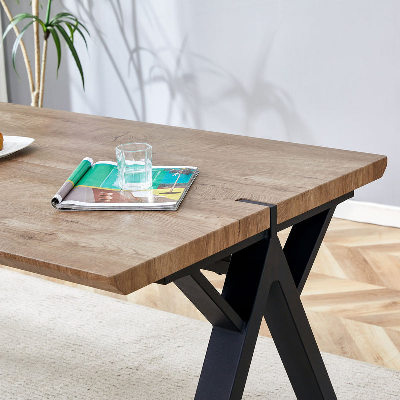 Wood Textured Dining Table With A Frame Legs.Density Board Sticker Pipe Spraying, Suitable For Various Occasions Such As Living Rooms - Black