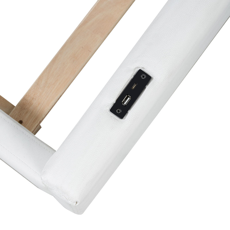 Twin Size Upholstered Platform Bed With Guardrail And Charging Station - White