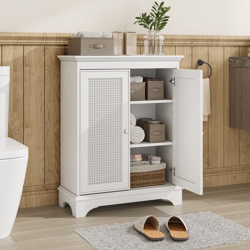 White 2 Door Rattan Storage Cabinet With Adjustable Partition, Medieval Modern Independent Buffet Cabinet, Multifunctional Decorative Cabinet Suitable For Living Room, Kitchen, Bathroom - White