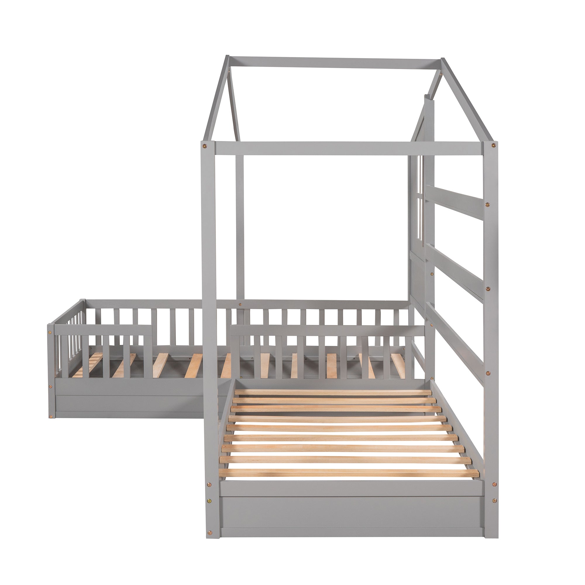 Wood House Bed Twin Size, 2 Twin Solid Bed L structure with fence and slatted frame (Gray) - Atlantic Fine Furniture Melbourne FL