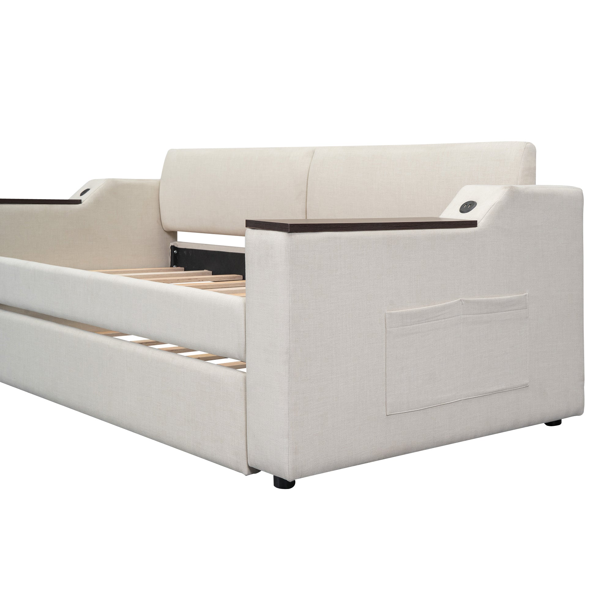 Twin Size Upholstery Daybed with Storage Arms, Trundle and USB Design, Beige - Atlantic Fine Furniture Melbourne FL