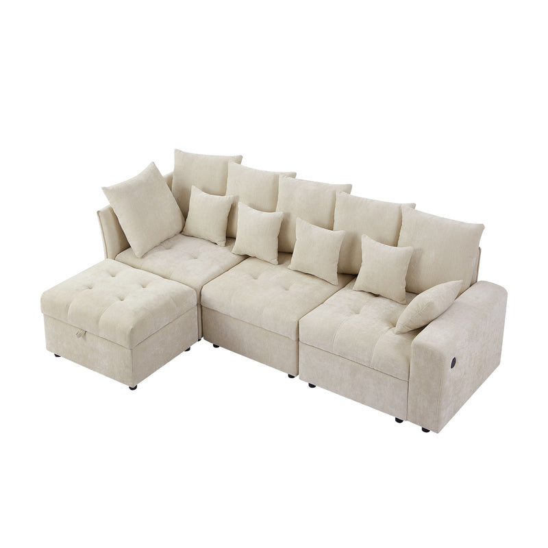 Sectional Sofa Modular Sofa Couch With Three USB Ports, A Removable Storage Ottoman And Five Back Pillows For Living Room