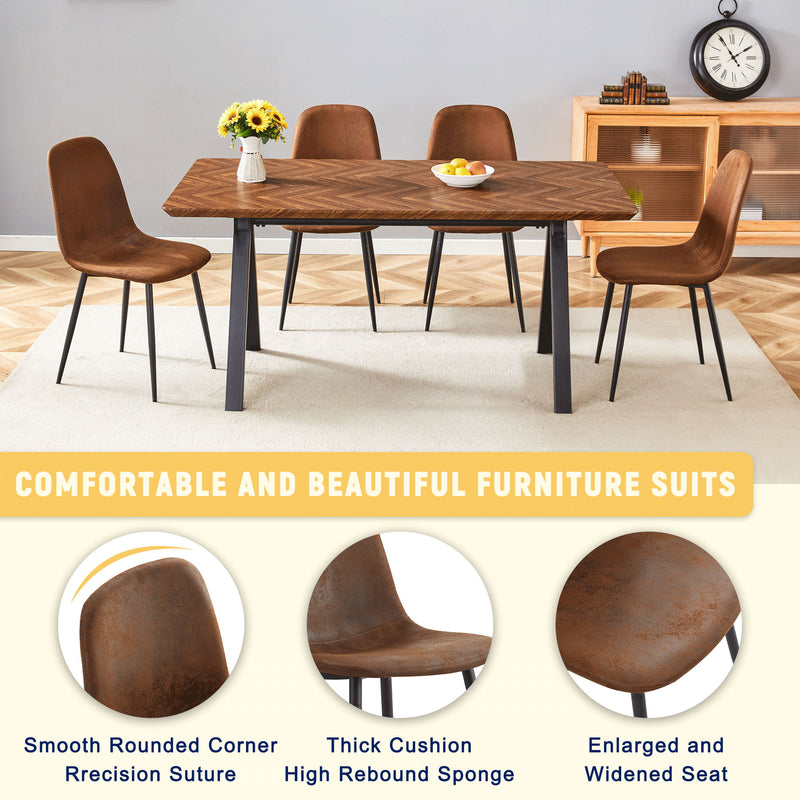 Suede Backrest Chairs With Metal Legs & Herringbone Dining Table Set