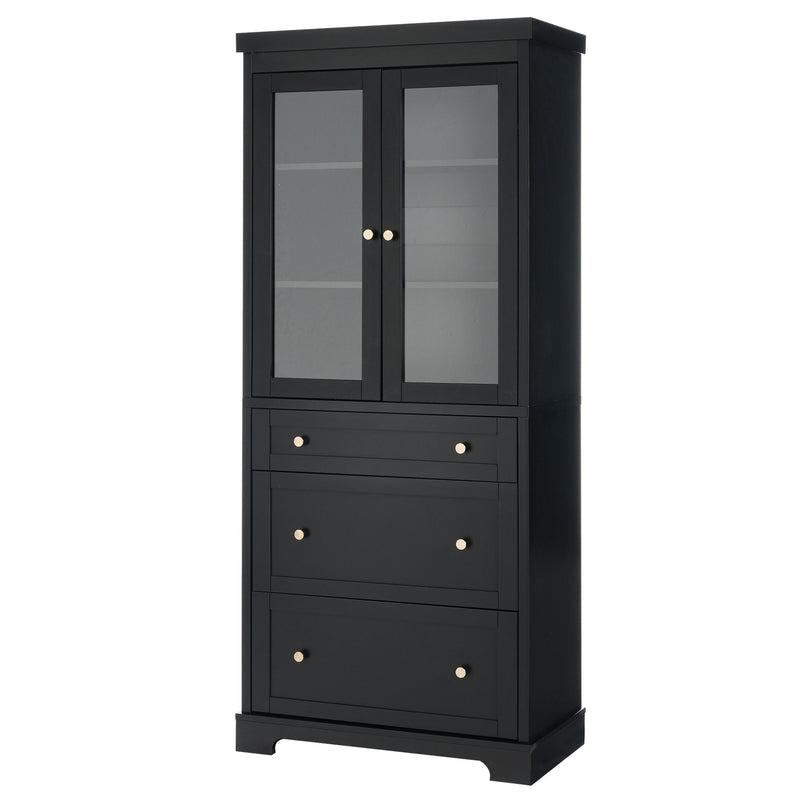 Freestanding Tall Bathroom Cabinet With Adjustable Shelves, Drawers, Soft Close Glass Doors - Black