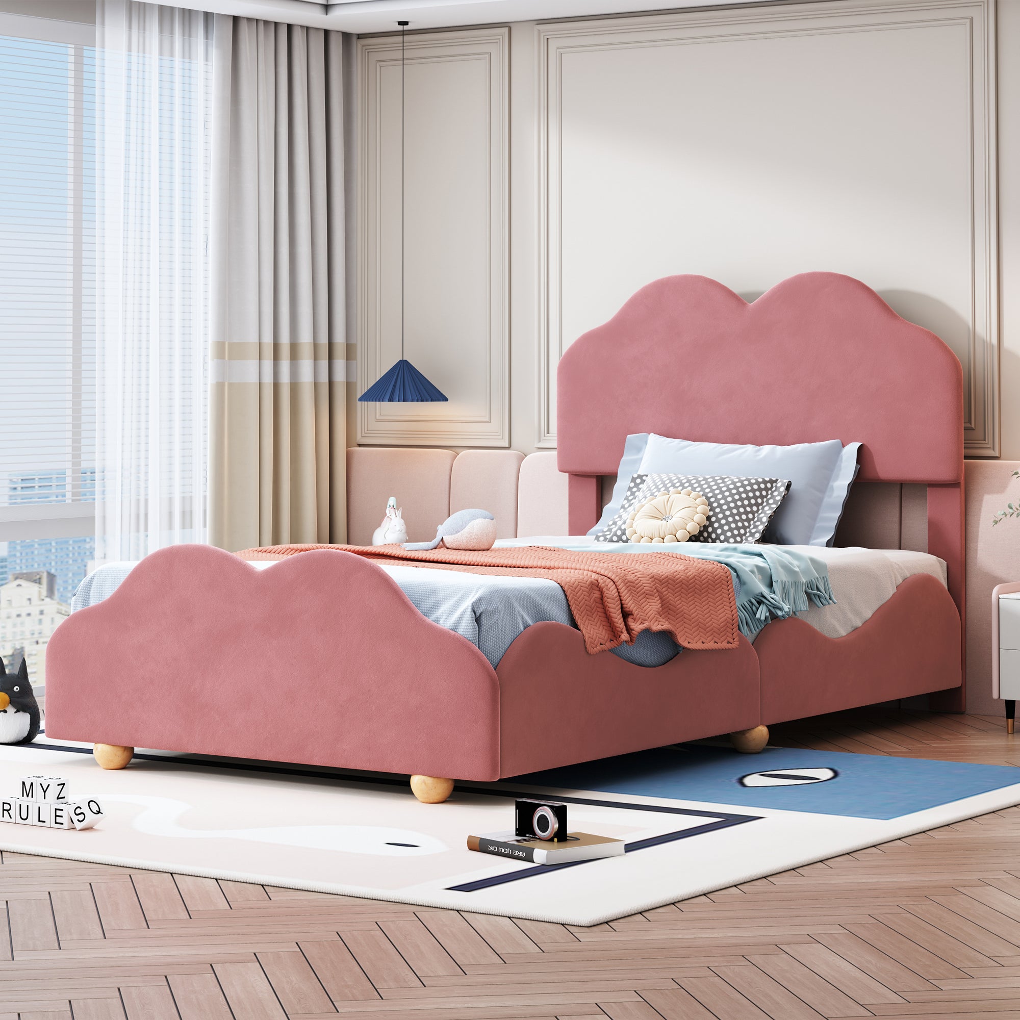 Twin Size Upholstered Platform Bed with Cloud Shaped bed board, Dark Pink - Atlantic Fine Furniture Melbourne FL