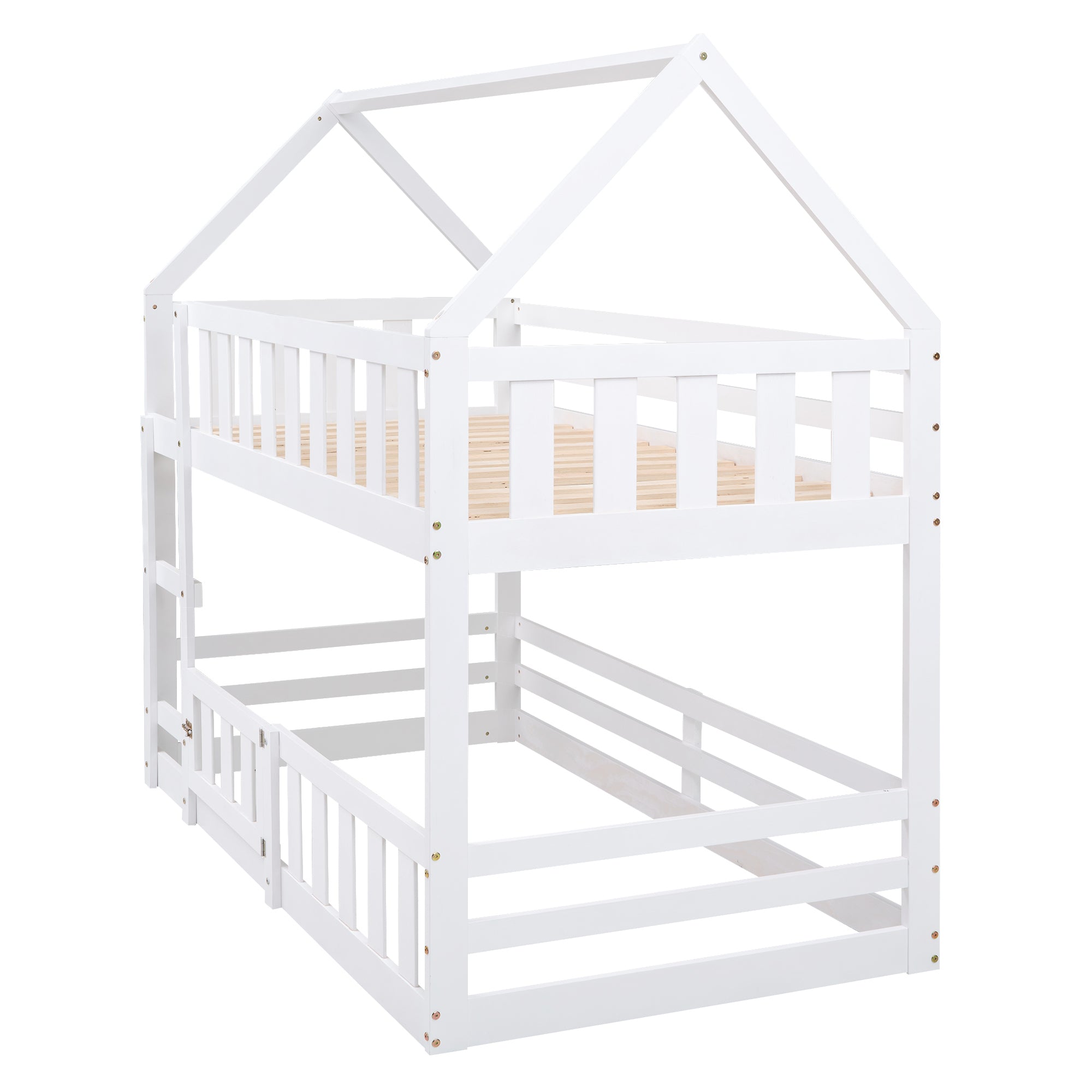 Twin over Twin House Bunk Bed with Fence and Door, White - Atlantic Fine Furniture Melbourne FL