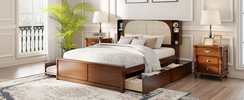 Rattan Headboard Bed With Two Drawers And Trundle