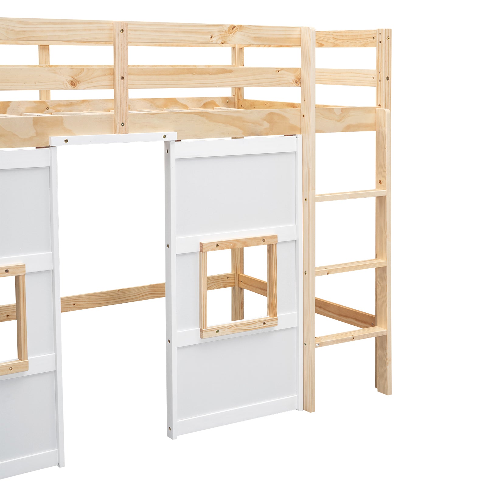 Wood Twin Size Loft Bed with Built-in Storage Wardrobe and 2 Windows, Natural/White - Atlantic Fine Furniture Melbourne FL