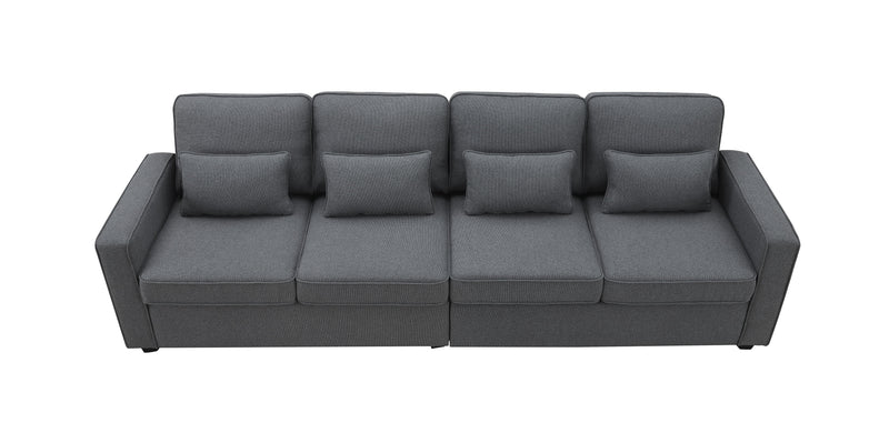 4 Seater Modern Linen Sofa With Armrest Pockets And 4 Pillows, Minimalist Style Couch For Living Room