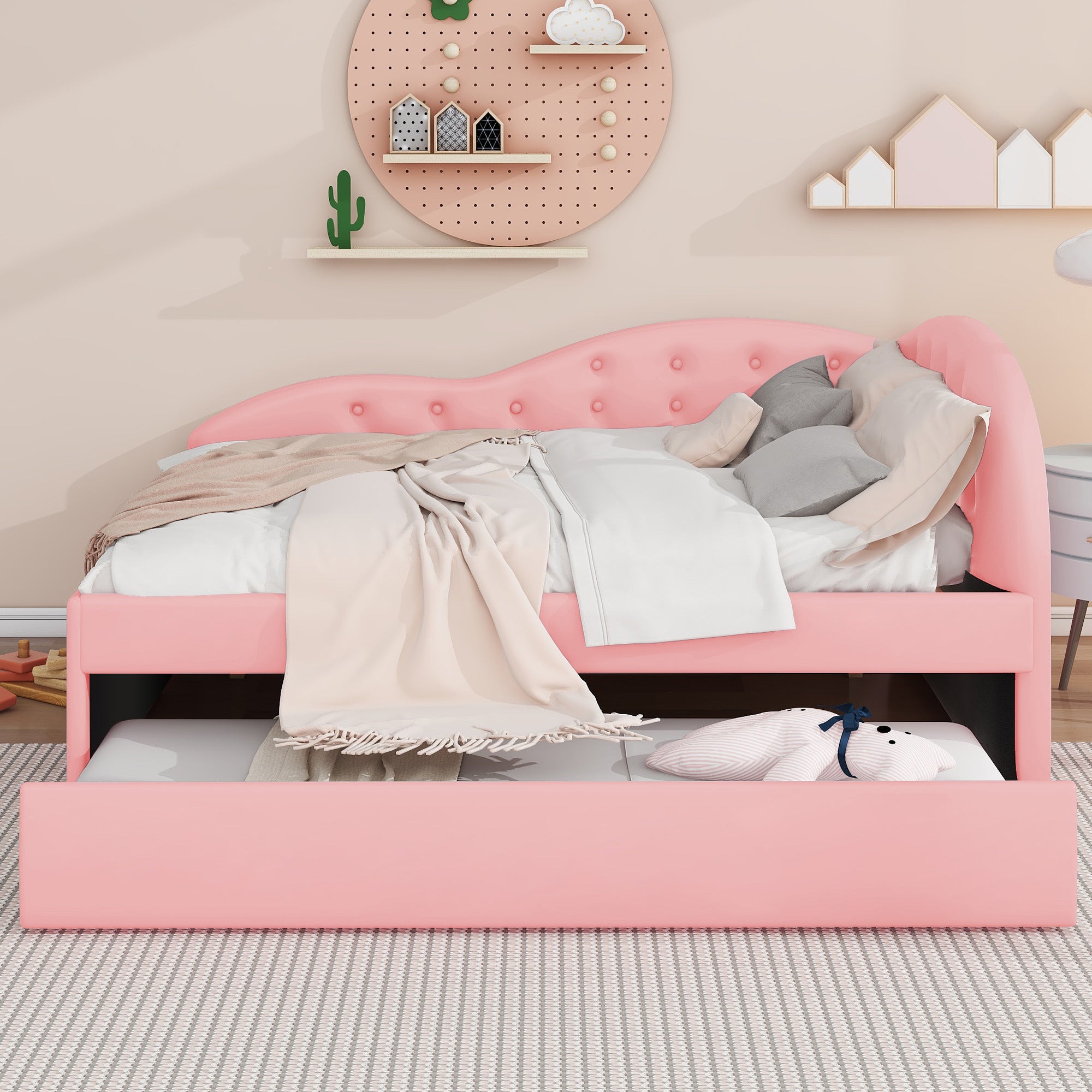 Full Size PU Upholstered Tufted Daybed with Trundle and Cloud Shaped Guardrail, Pink - Atlantic Fine Furniture Melbourne FL