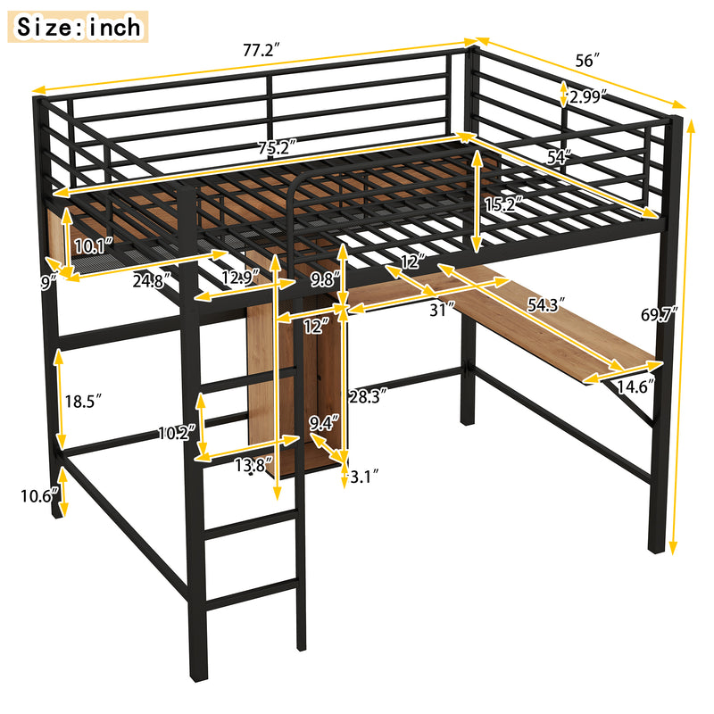 Full Size Metal & Wood Loft Bed with L -shaped desk and shelves, Black and Brown