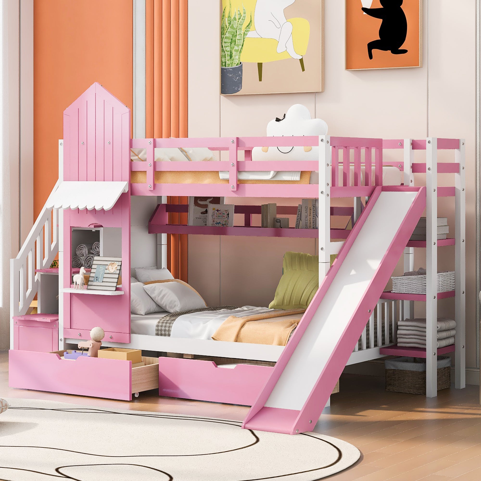Twin-Over-Twin Castle Style Bunk Bed with 2 Drawers 3 Shelves and Slide - Pink - Atlantic Fine Furniture Melbourne FL