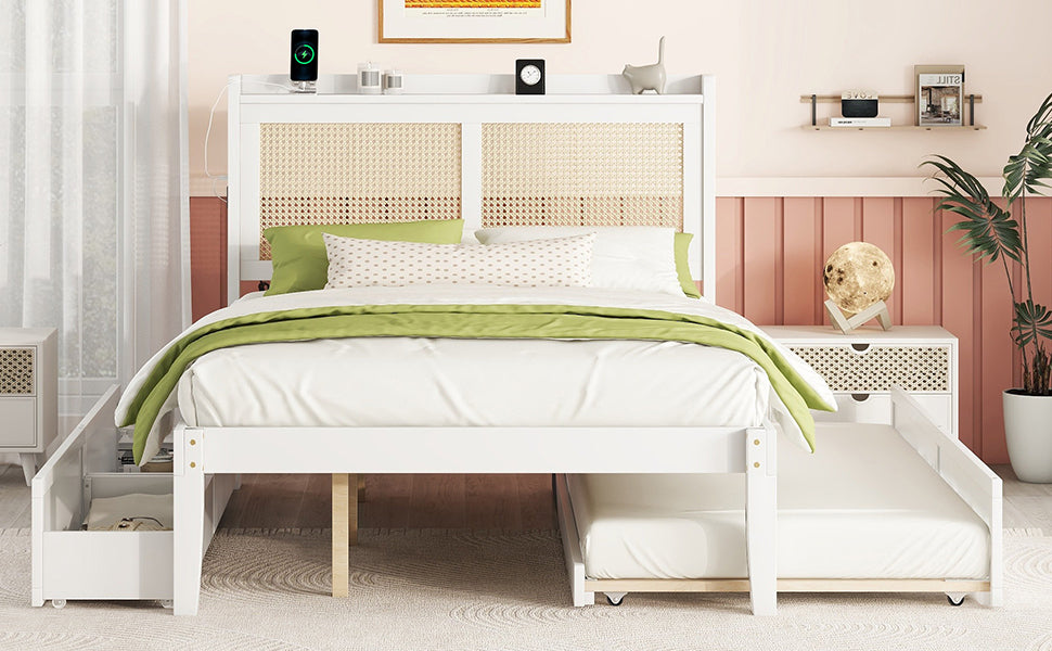Full Size Elegant Bed Frame with Rattan Headboard and Sockets ,White - Atlantic Fine Furniture Melbourne FL
