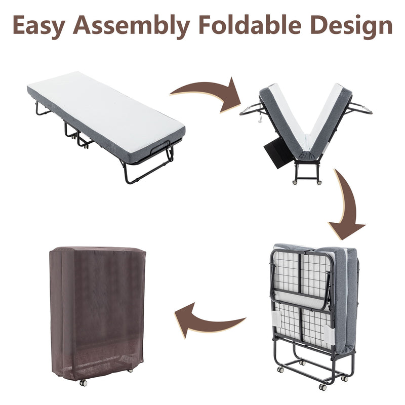 Foldable Metal Frame Bed For Guest With Memory Foam Mattress On Wheels, Saving Space Rollaway Bed