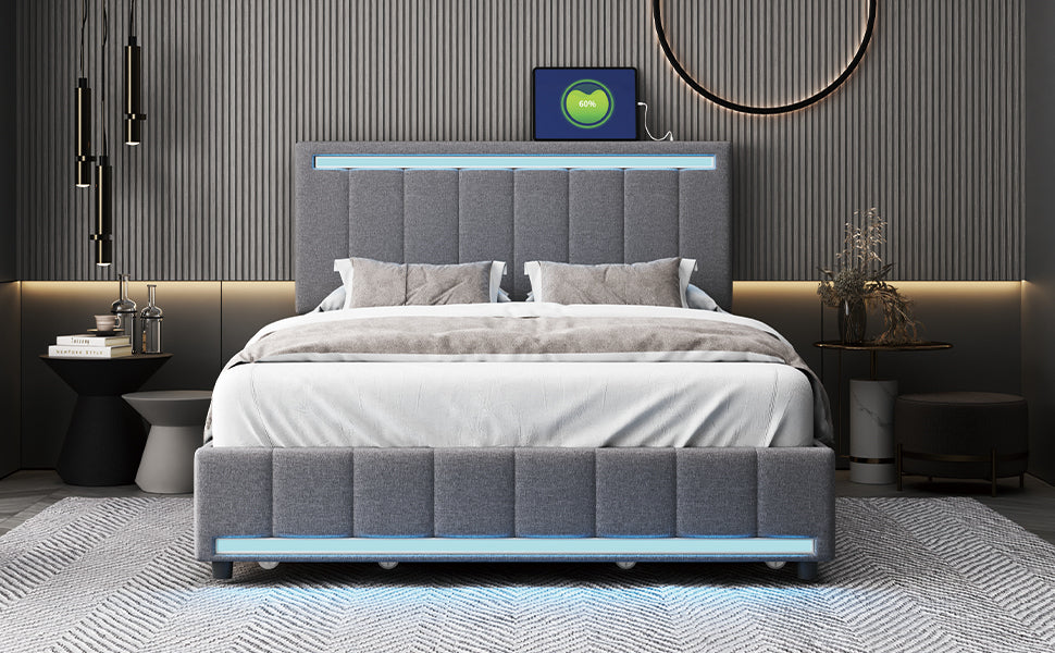 Full Size Upholstered Bed with LED Light and 4 Drawers,  Modern Platform Bed with a set of Sockets and USB Ports, Linen Fabric, Gray - Atlantic Fine Furniture Melbourne FL