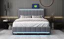 Full Size Upholstered Bed with LED Light and 4 Drawers,  Modern Platform Bed with a set of Sockets and USB Ports, Linen Fabric, Gray