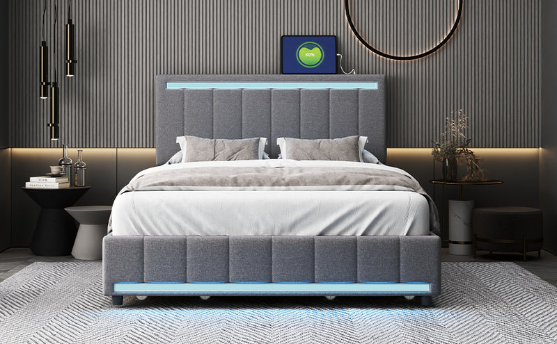 Full Size Upholstered Bed with LED Light and 4 Drawers,  Modern Platform Bed with a set of Sockets and USB Ports, Linen Fabric, Gray