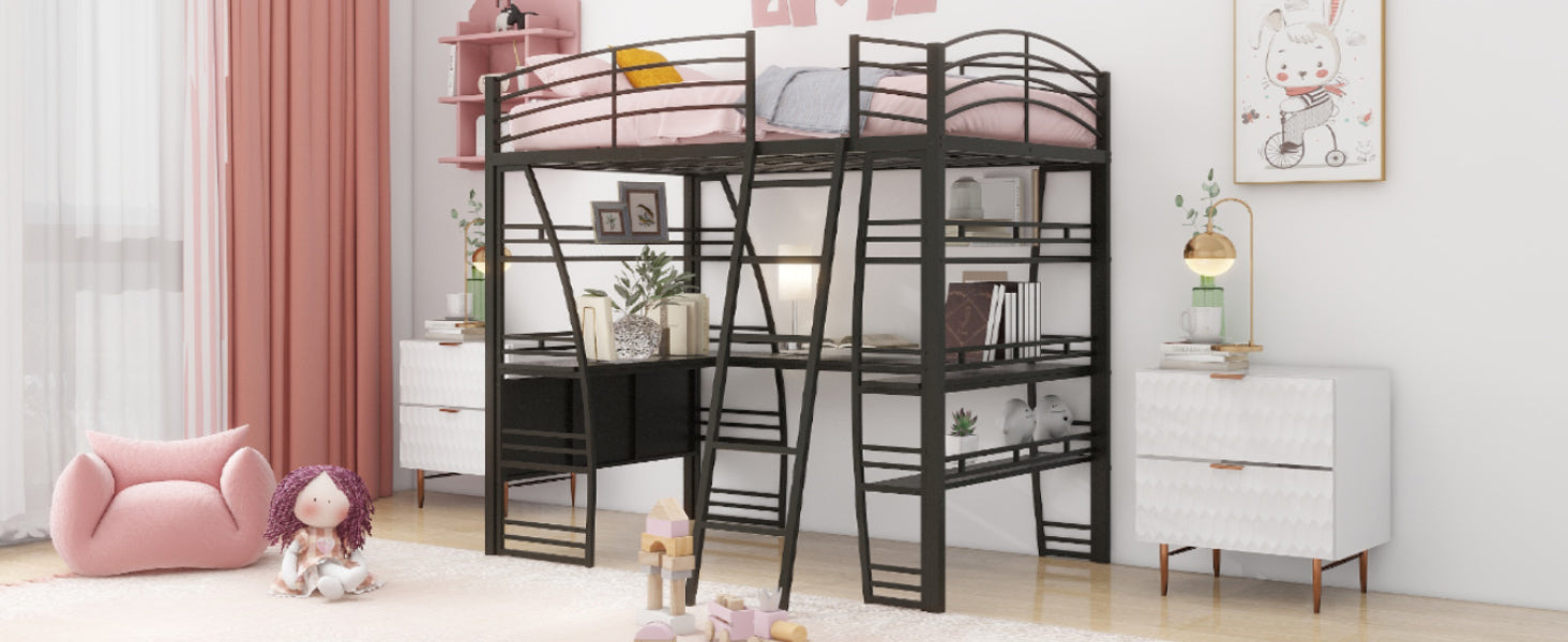 Full Size Loft Bed with 4 Layers of Shelves and L-shaped Desk, Stylish Metal Frame Bed with a set of Sockets, USB Ports and Wireless Charging, Black - Atlantic Fine Furniture Melbourne FL