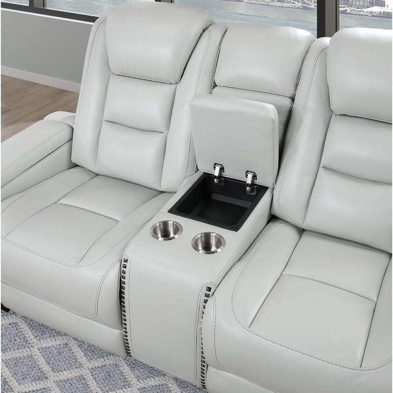 Power Console Loveseat With Power Headrest USB LED And Bookshelf Arms - Grey