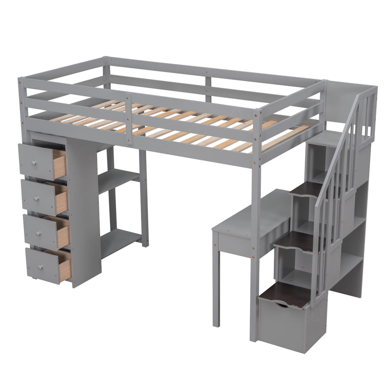 Twin size Loft Bed with Storage Drawers ,Desk and Stairs, Wooden Loft Bed with Shelves - Gray