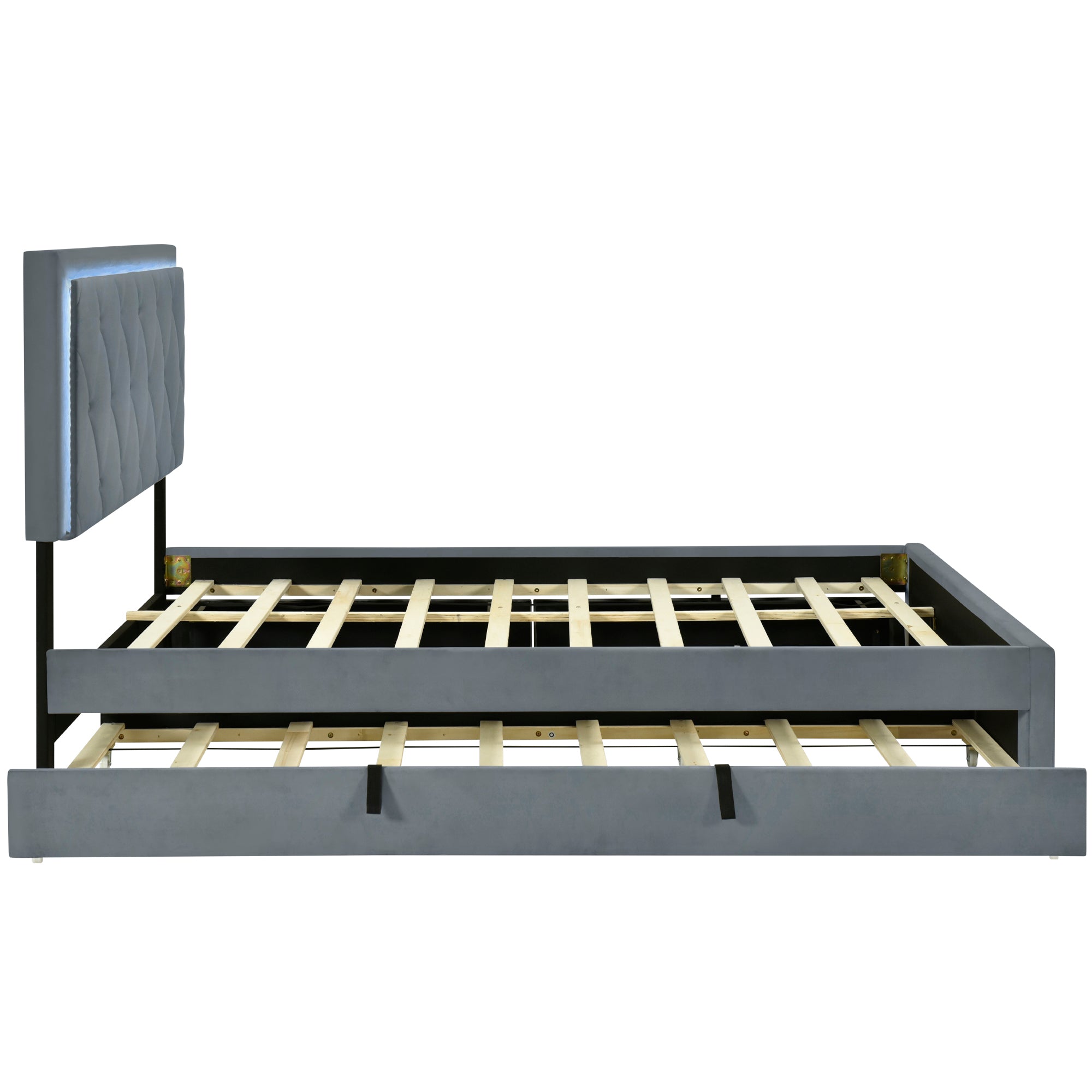 Queen Size  Velvet Storage Platform Bed, with 2 Big Drawers, Twin XL Size Trundle and LED Light, Gray
