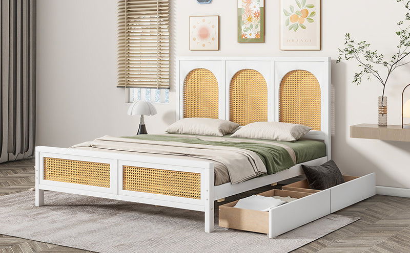 Full Size Wood Storage Platform Bed with 2 Drawers, Rattan Headboard and Footboard, White