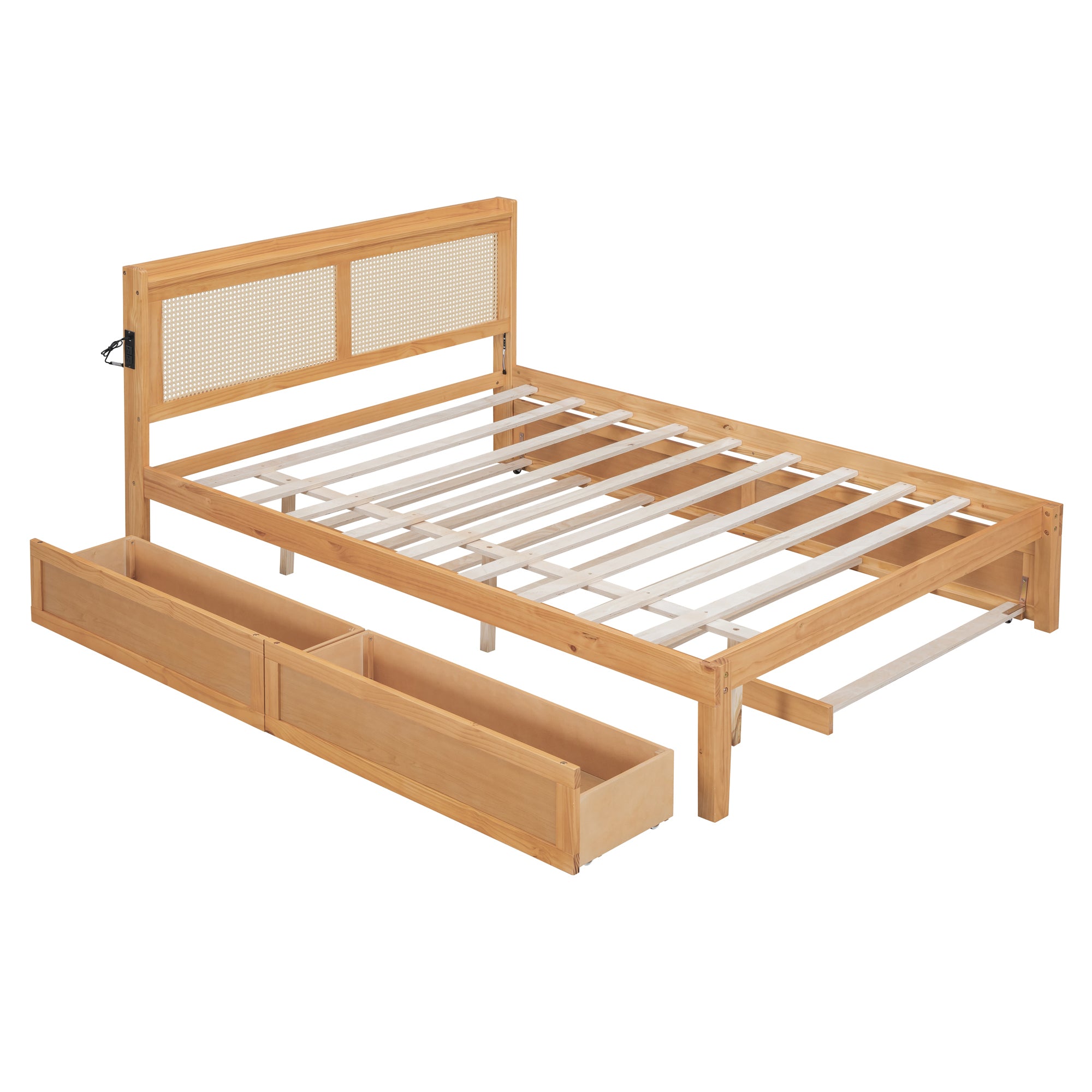 Queen Size Elegant Bed Frame with Rattan Headboard and Sockets ,Walnut - Atlantic Fine Furniture Melbourne FL