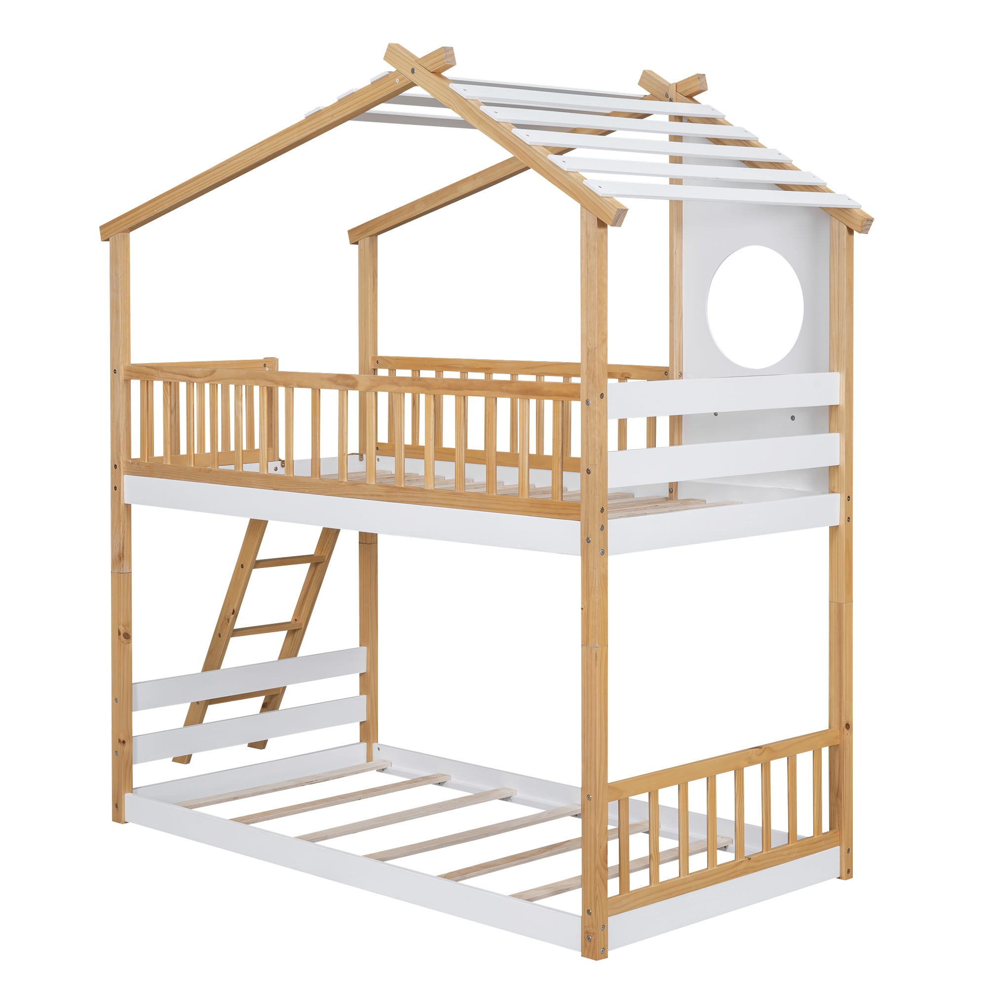 Twin Over Twin Bunk Bed Wood Bed with Roof, Window, Ladder,Natural(OLD SKU :LT100008AAD) - Atlantic Fine Furniture Melbourne FL