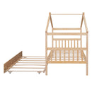 Twin Size Wooden House Bed with Twin Size Trundle, Natural