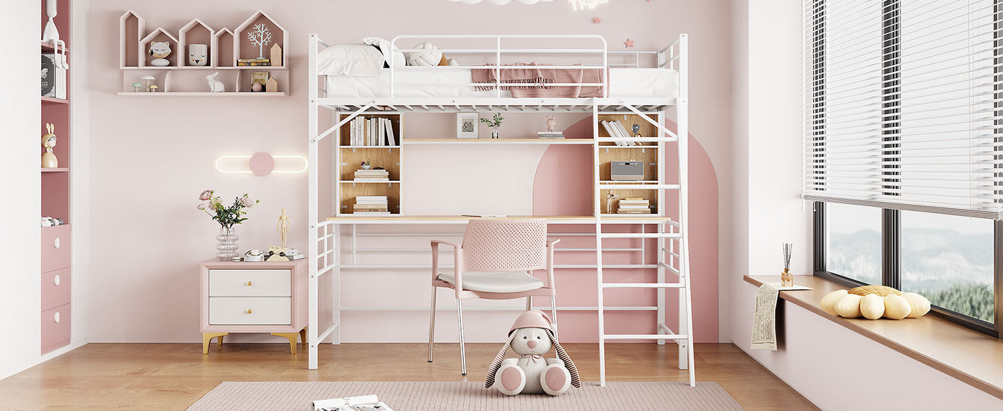 Twin Size Loft Bed with Desk and Shelf , Loft Bed with Ladder,Twin,White - Atlantic Fine Furniture Melbourne FL