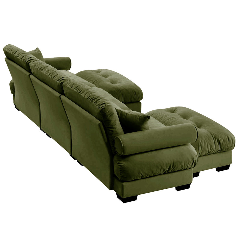 Modern Sectional Sofa With Ottoman, Round Bolster Armrests, Waist And Throw Pillows