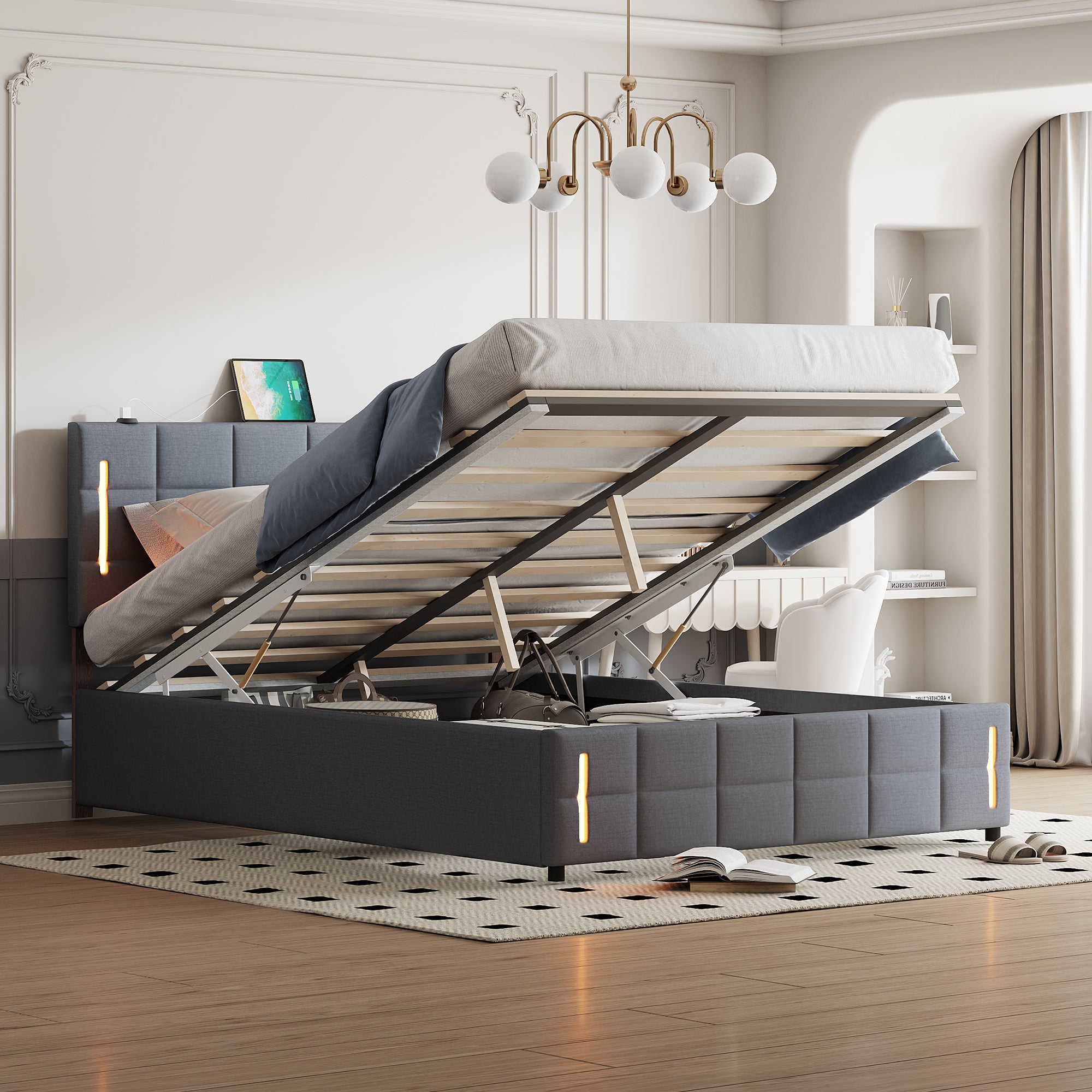 Queen Size Upholstered Bed with Hydraulic Storage System and LED Light, Gray - Atlantic Fine Furniture Melbourne FL