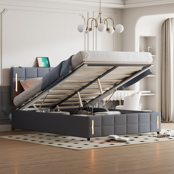 Queen Size Upholstered Bed with Hydraulic Storage System and LED Light, Gray