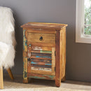 Recycled Wood Side Table With Drawer And Door - Natural