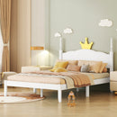 Full Size Wood Platform Bed with Crown Shaped Headboard, White