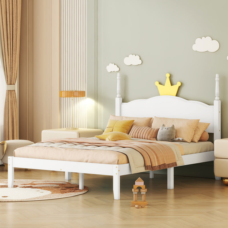 Full Size Wood Platform Bed with Crown Shaped Headboard, White