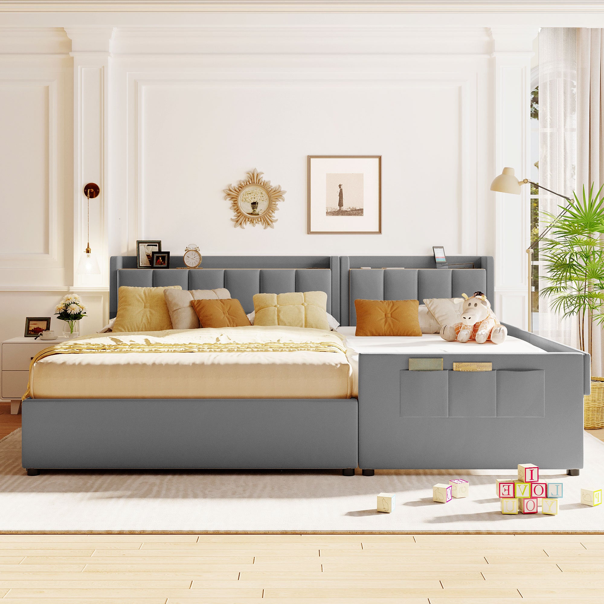 Queen Size & Twin XL Size Upholstered Platform Bed, Mother & Child Bed with Hydraulic Storage System, Drawer Box, Bedhead storage shelf and Two pairs of sockets & USB Ports, PU Leather, Gray - Atlantic Fine Furniture Melbourne FL