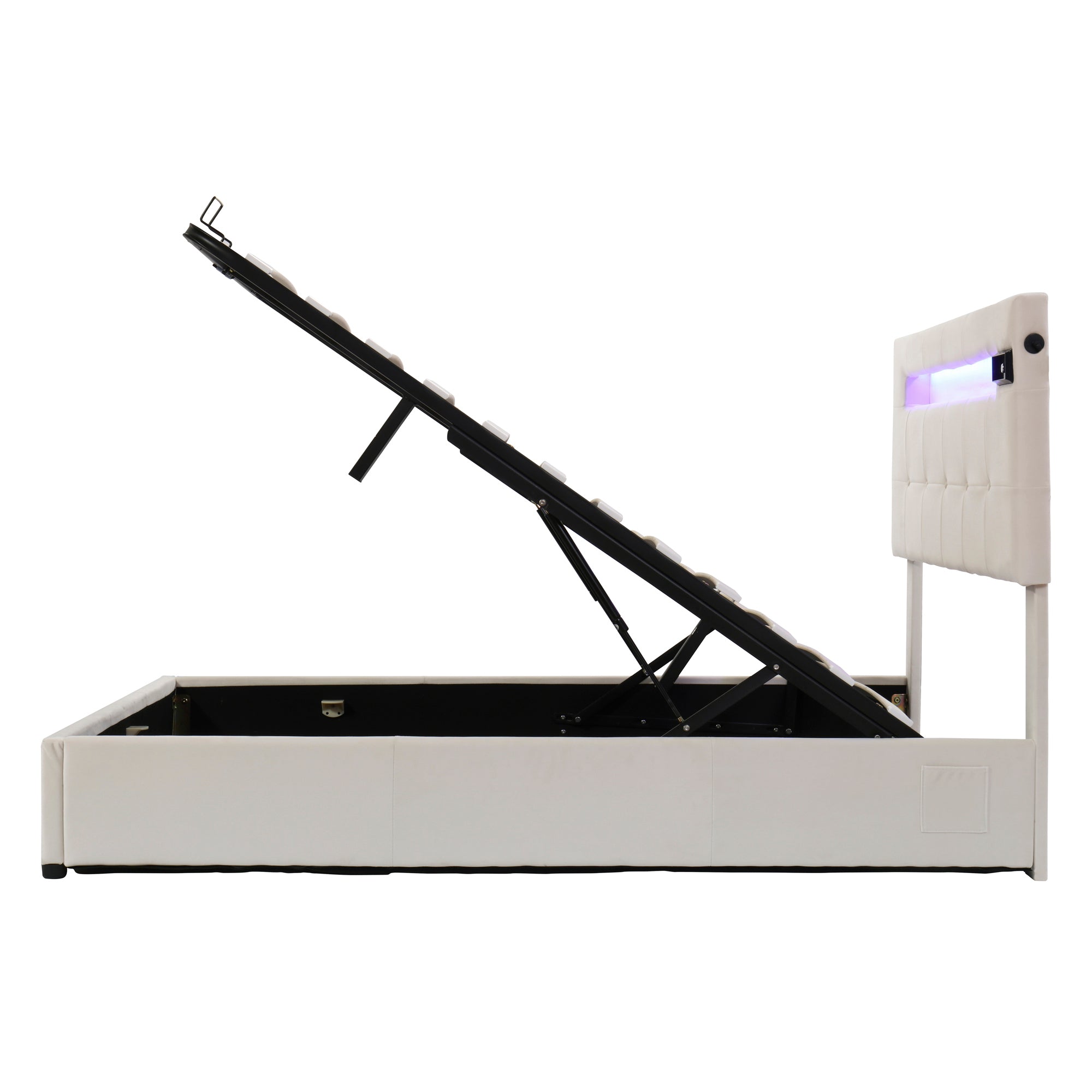 Queen Size Upholstered Bed with LED Light and Integrated Bluetooth Audio System, Modern Platform Bed with Hydraulic Storage System and USB Port, Velvet , Beige - Atlantic Fine Furniture Melbourne FL