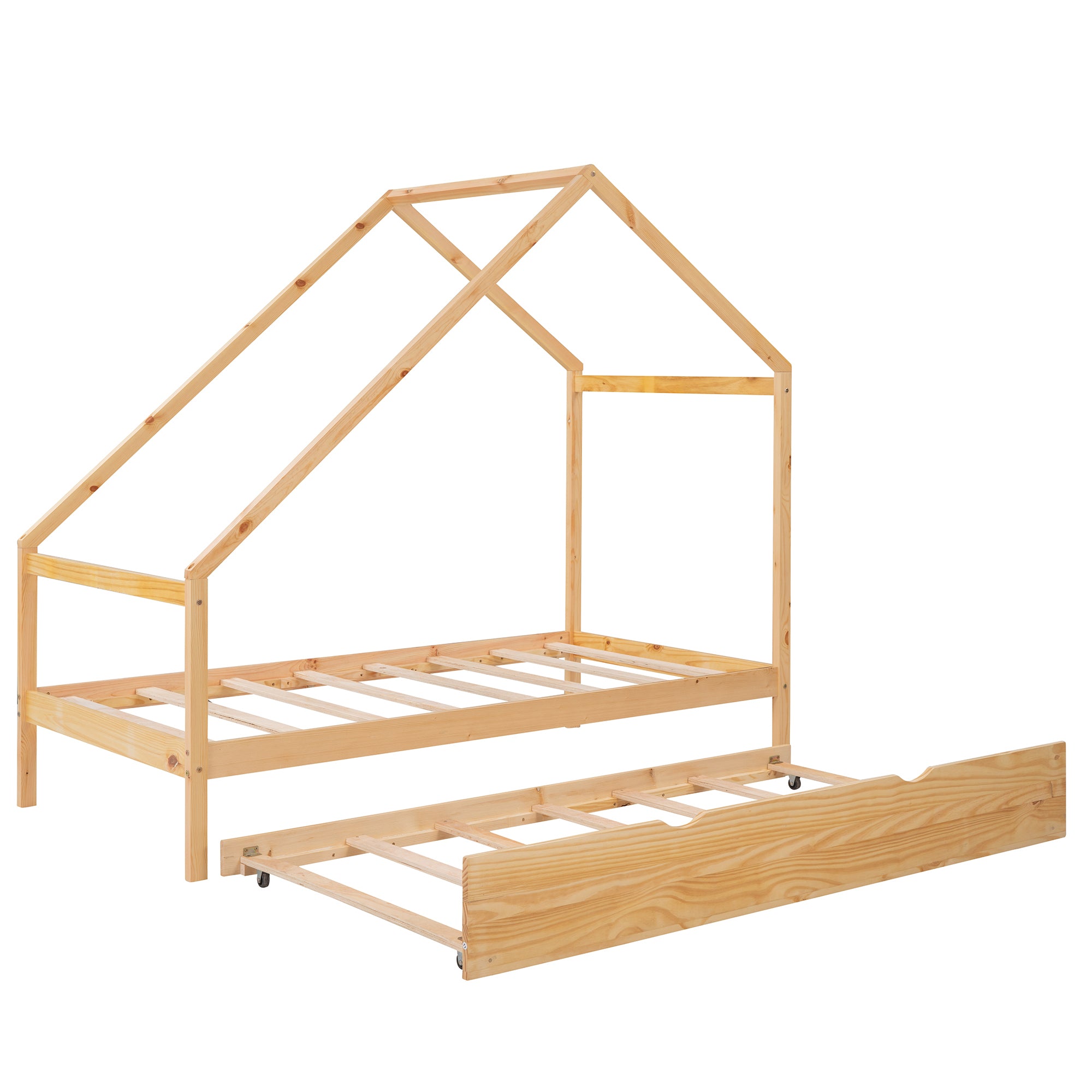 Twin Size Wooden House Bed With Twin Size Trundle, Natural - Atlantic Fine Furniture Melbourne FL