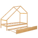 Twin Size Wooden House Bed With Twin Size Trundle, Natural