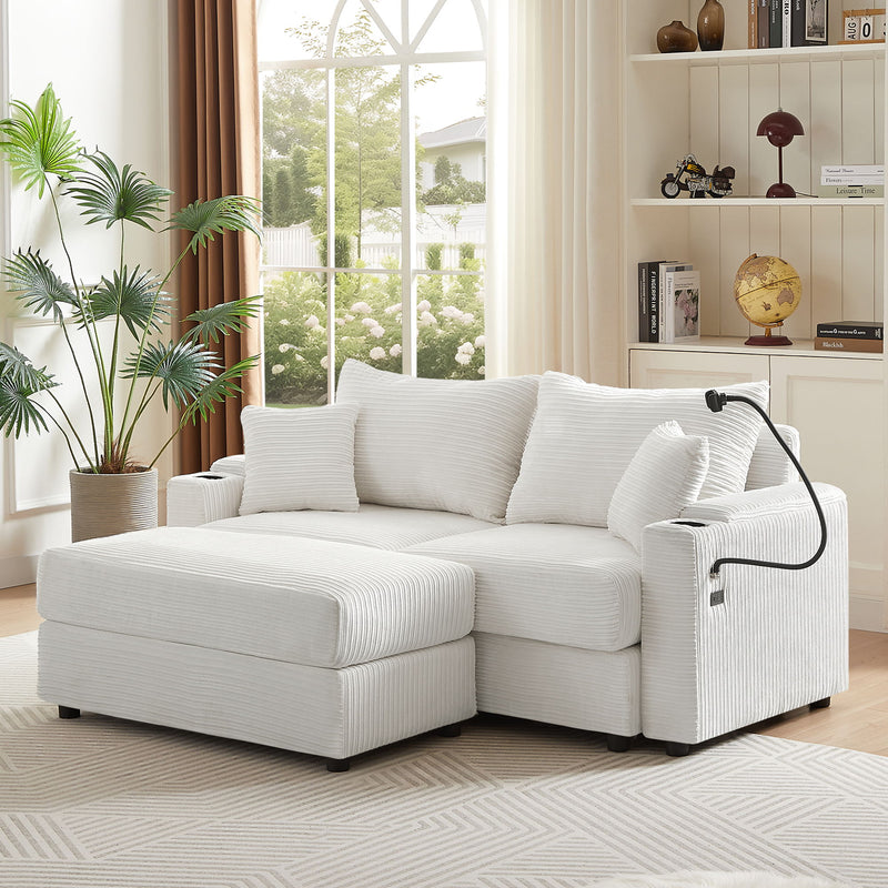 Modern Style Loveseat Sofa Sectional Sofa Couch With Storage Space, A Movable Ottoman, Two USB Ports, Two Cup Holders, A Phone Holder For Living Room